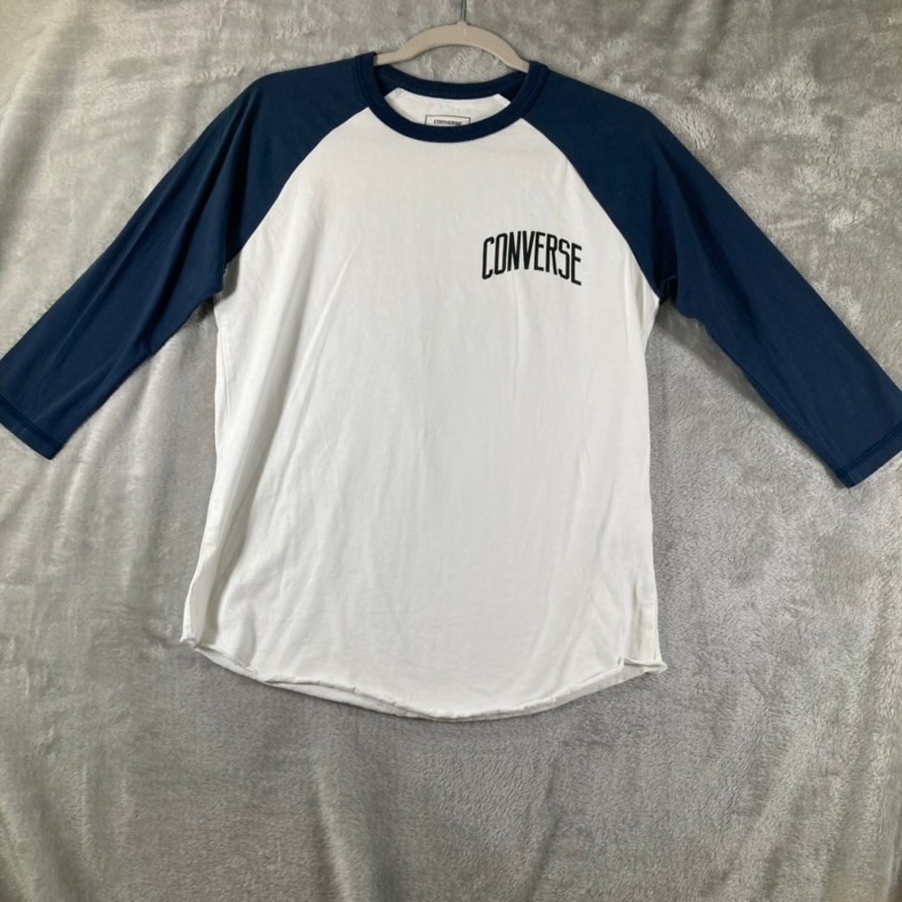 Converse Mens XS Raglan Baseball Tee Navy Blue White 3/4 Sleeve Logo Shirt